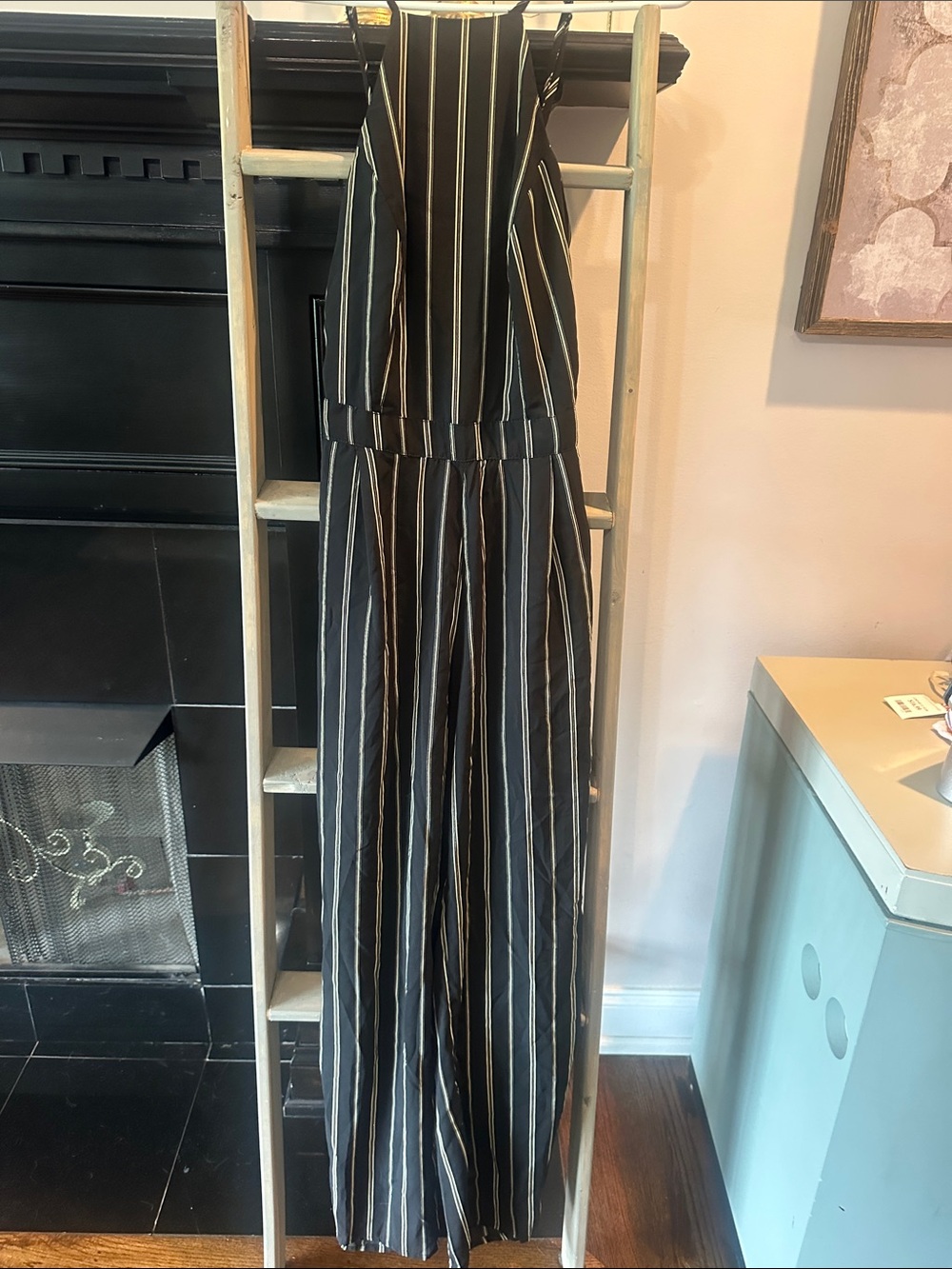 Japna Black and White Vertical-Stripe Wide-Leg Jumpsuit